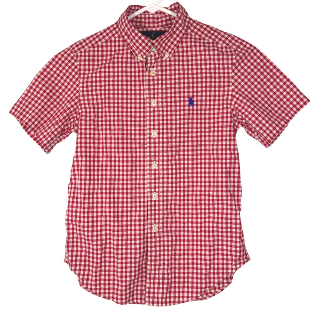 Ralph Lauren Boys Button Down Shirt Size  Small 8 Red Short Sleeve Gingham Pony